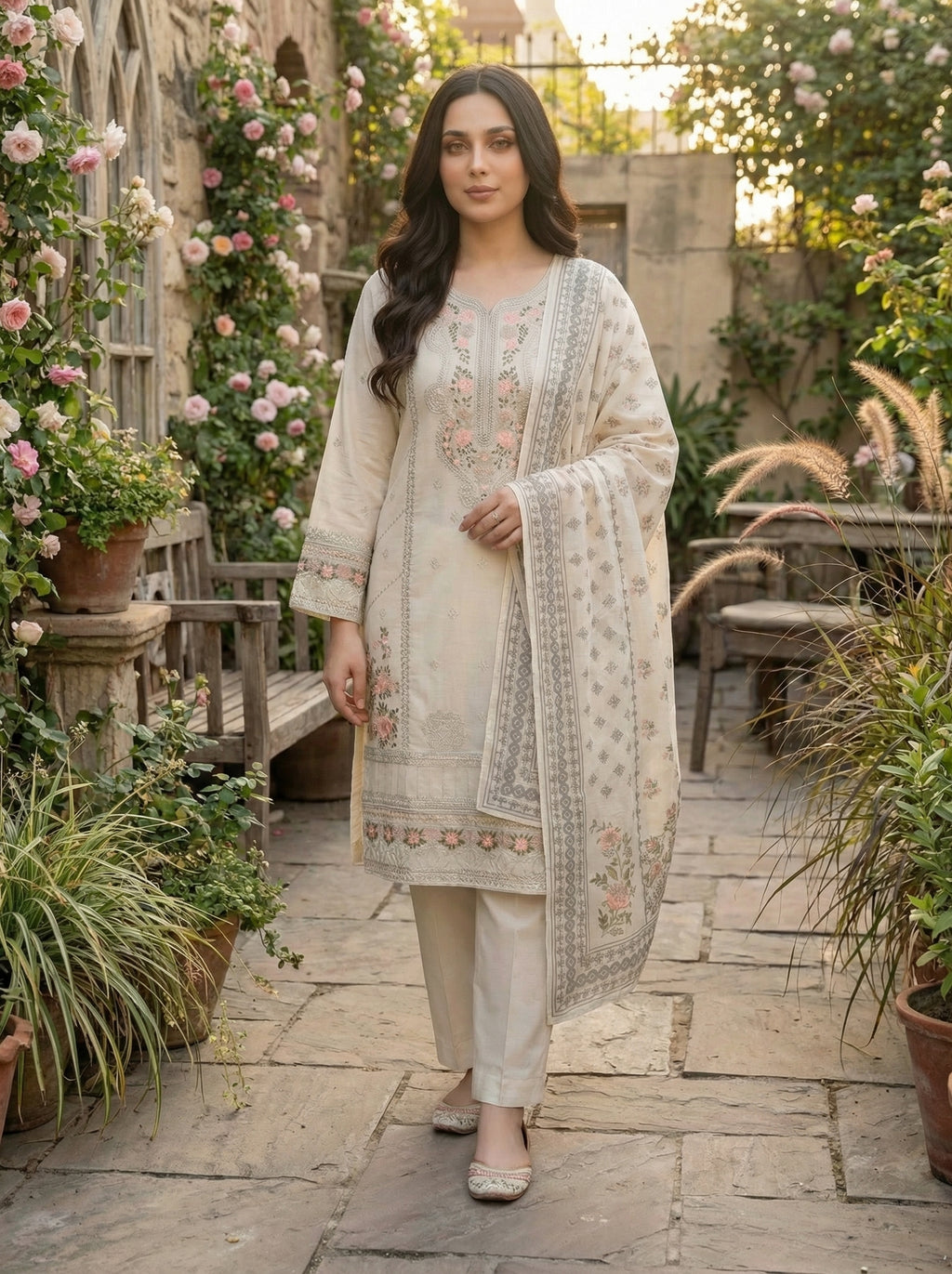 3 Piece Creamy Off-White Embroidered (Pret)