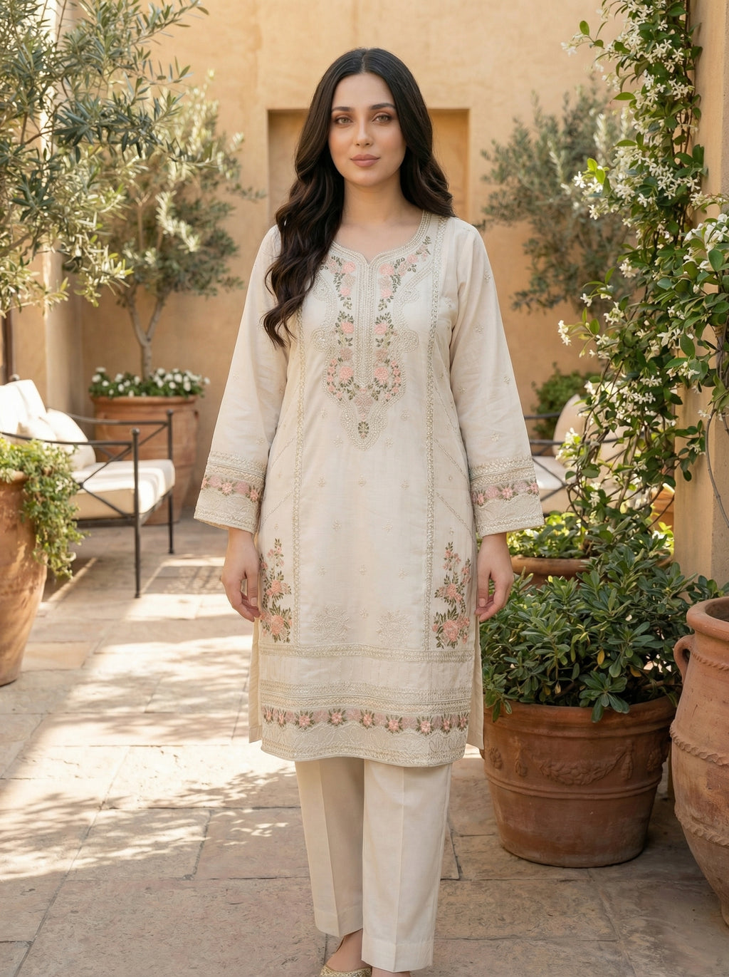 3 Piece Creamy Off-White Embroidered (Pret)