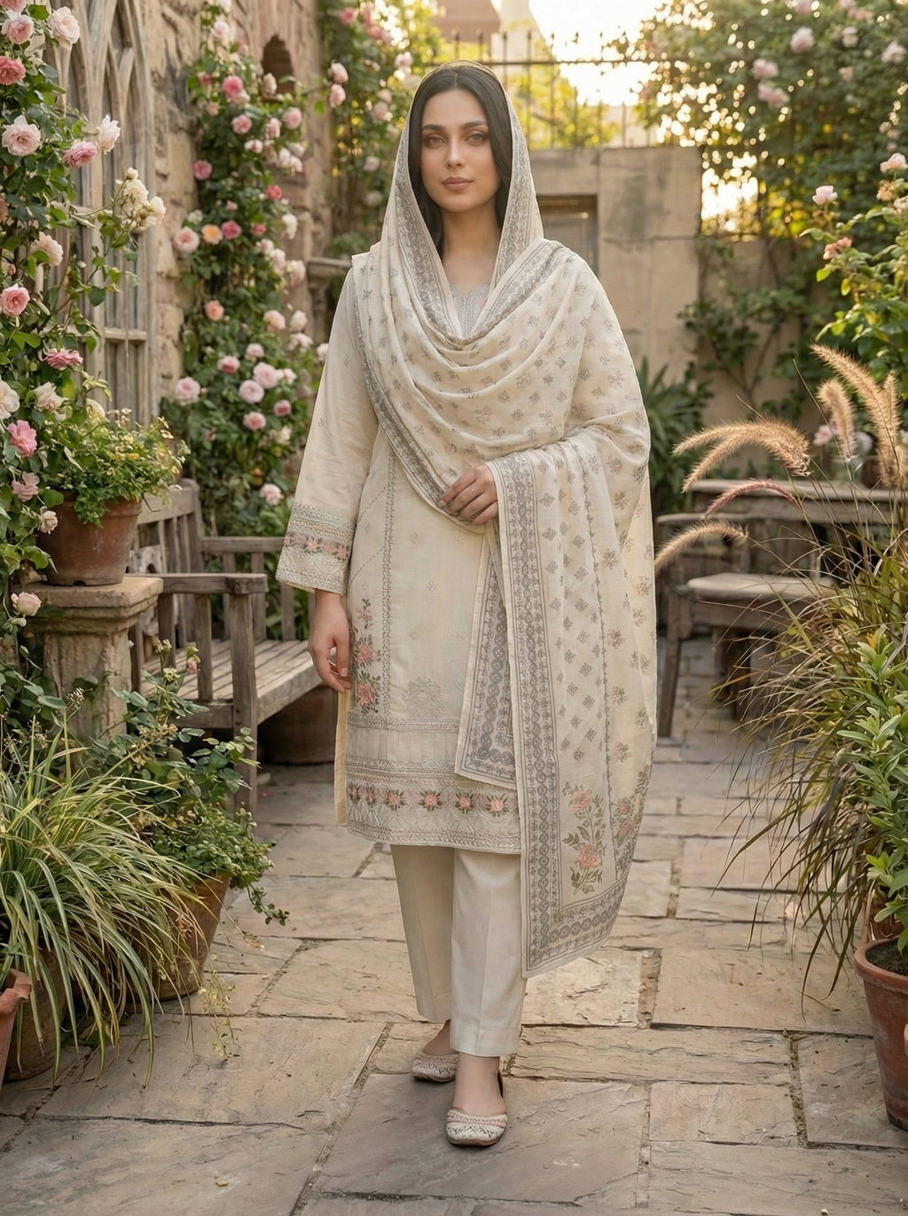 3 Piece Creamy Off-White Embroidered (Pret)
