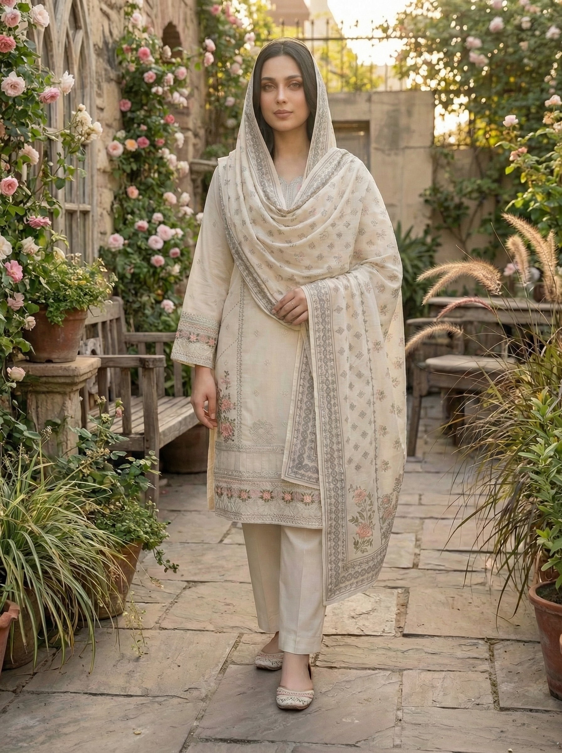 3 Piece Creamy Off-White Embroidered (Pret)