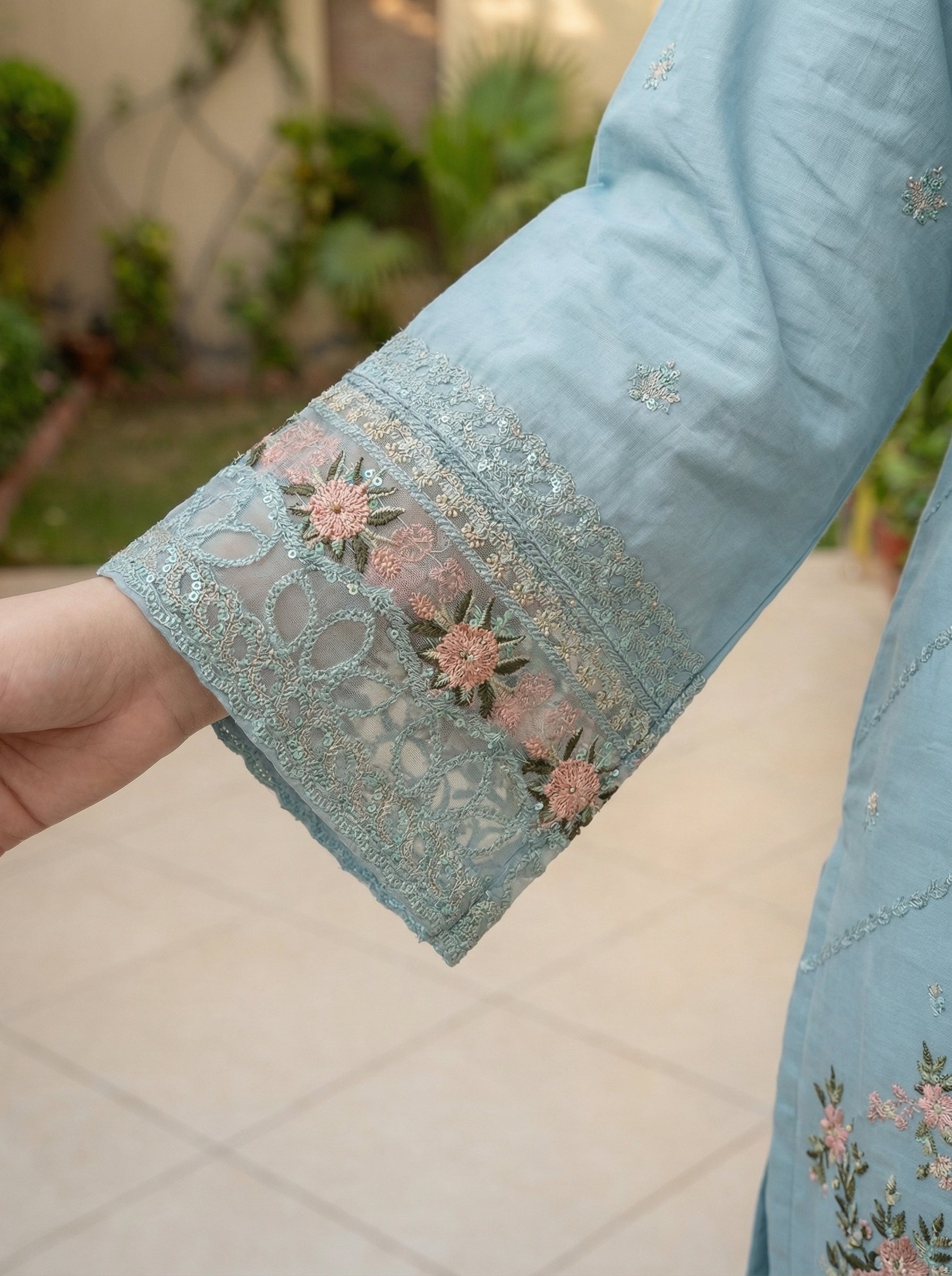 Sky Blue Embroidered 3-Piece Suit
