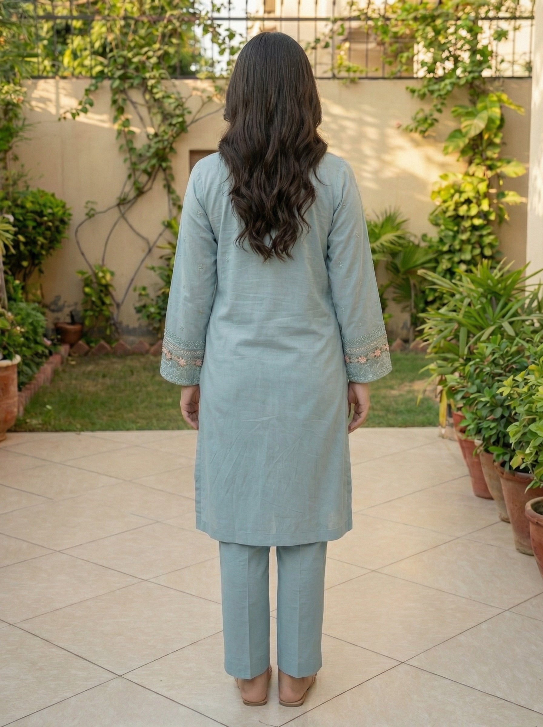 Sky Blue Embroidered 3-Piece Suit