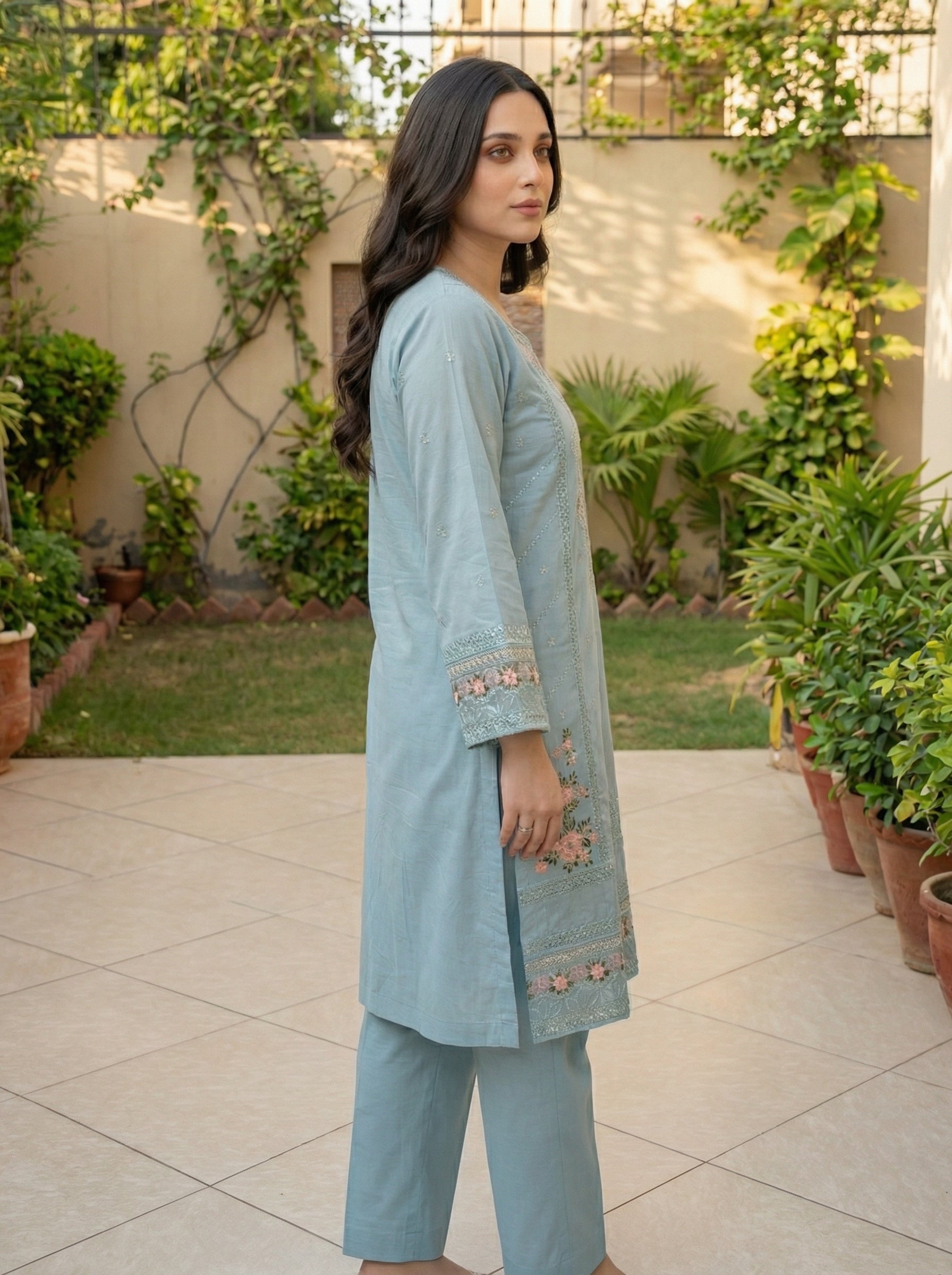 Sky Blue Embroidered 3-Piece Suit