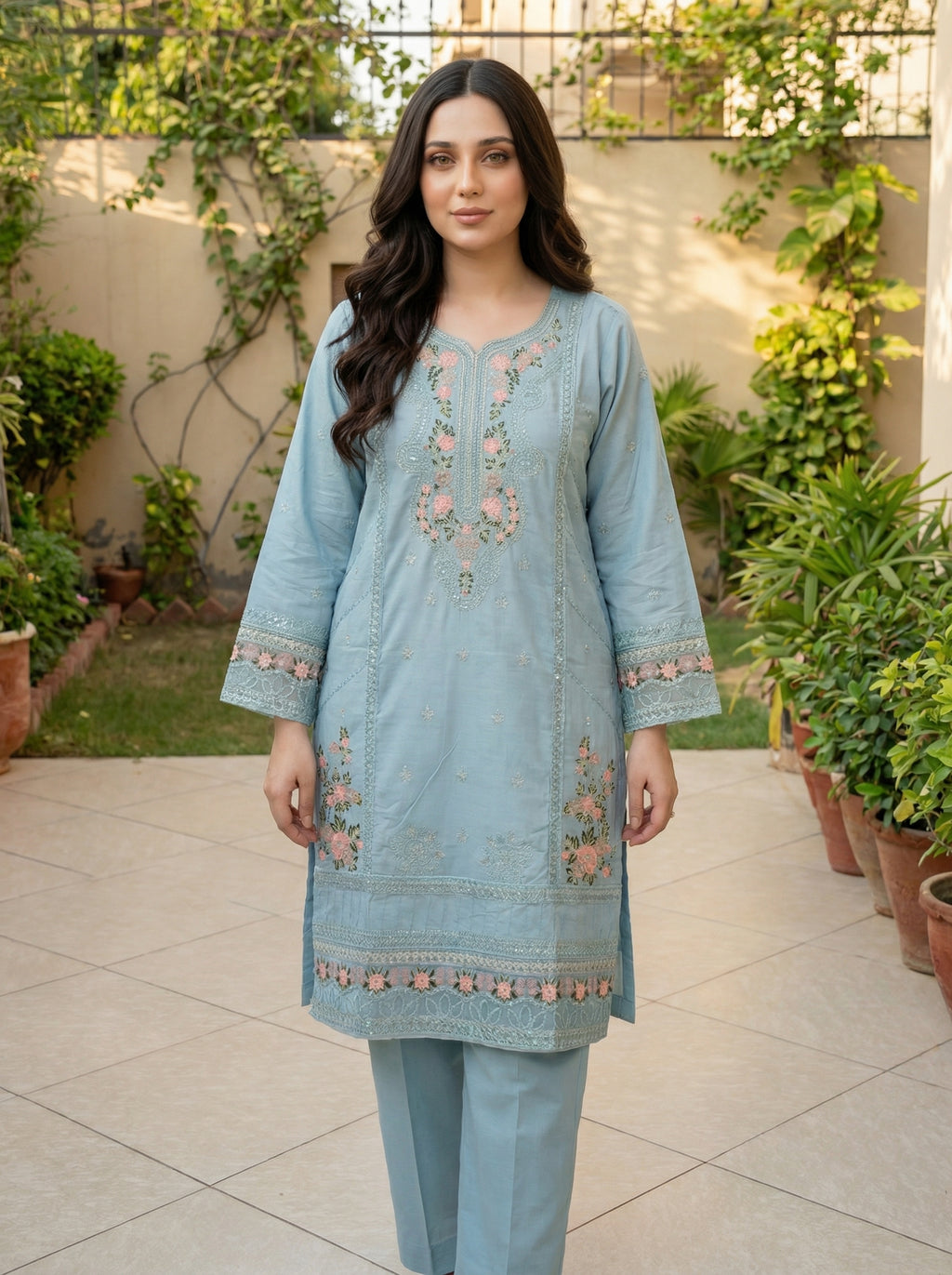 Sky Blue Embroidered 3-Piece Suit
