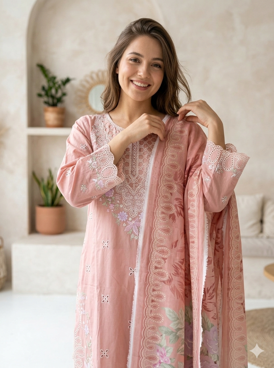 3 Piece Summer Cotton Suit Embroidered (Pret)