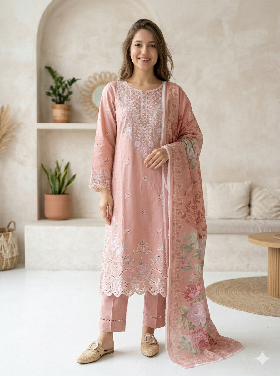 3 Piece Summer Cotton Suit Embroidered (Pret)